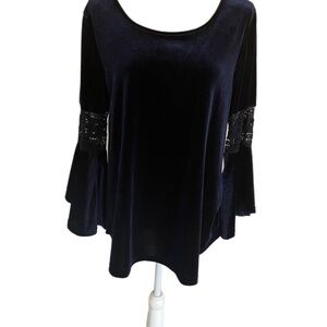 Midnight Blue Velvety Crochet Bell Sleeves A Line Feminine Top Romantic Goth